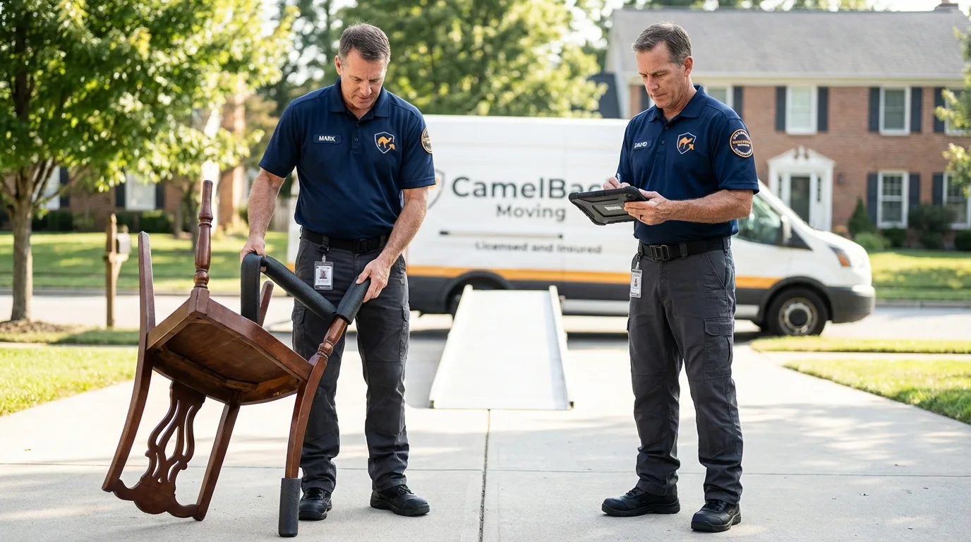 Movers inspecting furniture for damage prevention before loading in Mabton, WA